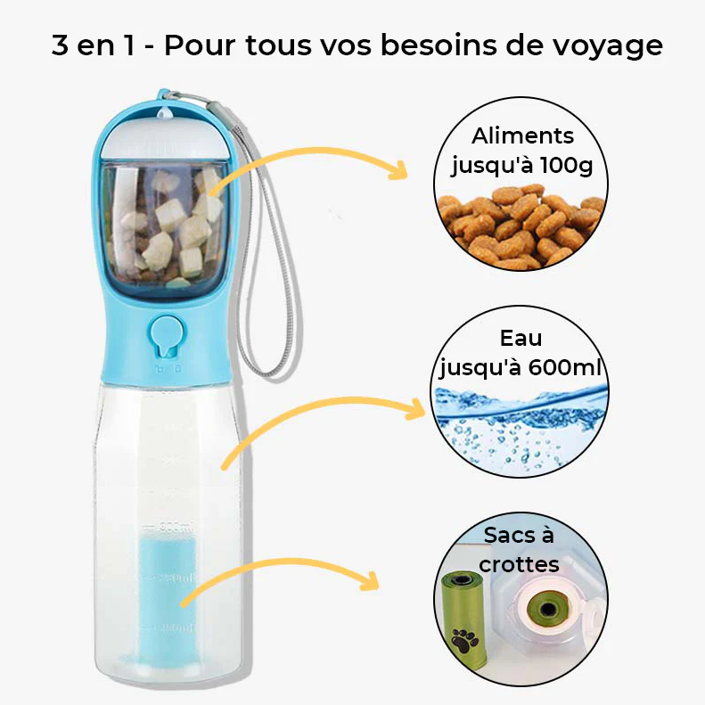 Gourde Nomade 3-en-1 : eau 600 ml, aliments 100 g et sacs à crottes